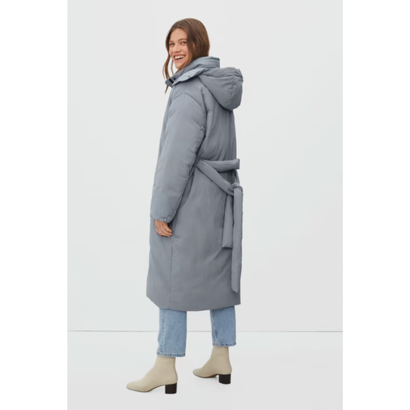 Everlane Womens The Duvet Puffer Coat Medium Blue Gray Down Long Belted NWT - Picture 3 of 13